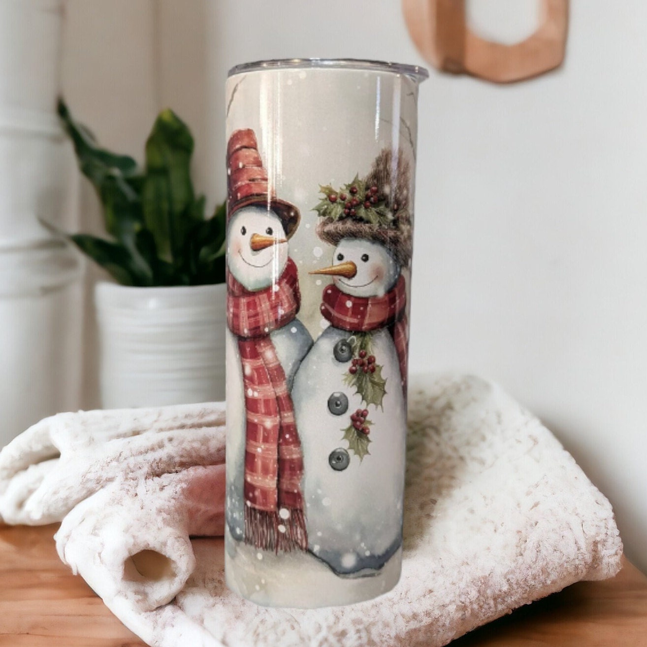 Festive Snowman Tumbler With A Snowman Couple in A Winter Scene, Great Gift For Winter and Snowman Lover, Includes a Lid and Straw