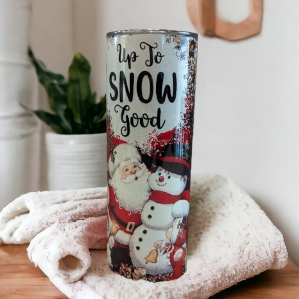 Adorable Up to Snow Good Tumbler Featuring Santa and Snowman, Christmas Tumbler Drinkware, Christmas Party Gift, Festive Winter Wonderland