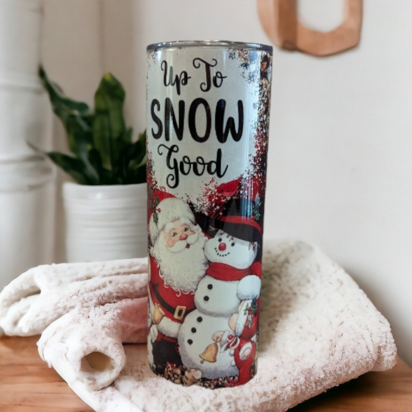 Adorable Up to Snow Good Tumbler Featuring Santa and Snowman, Christmas Tumbler Drinkware, Christmas Party Gift, Festive Winter Wonderland