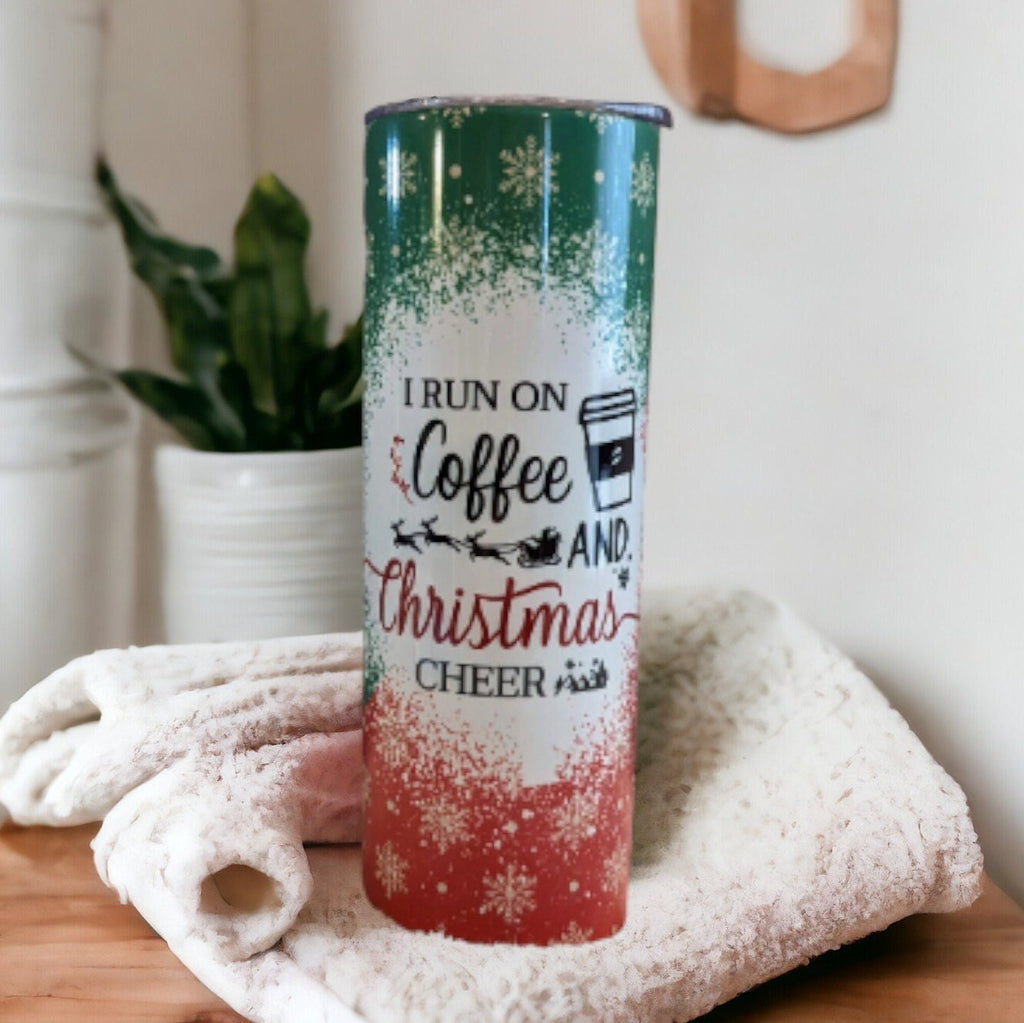 I Run On Coffee and Christmas Cheer Tumbler, Christmas Tumbler With Reusable Straw, Holiday Gift For Her, Festive Holiday Gift