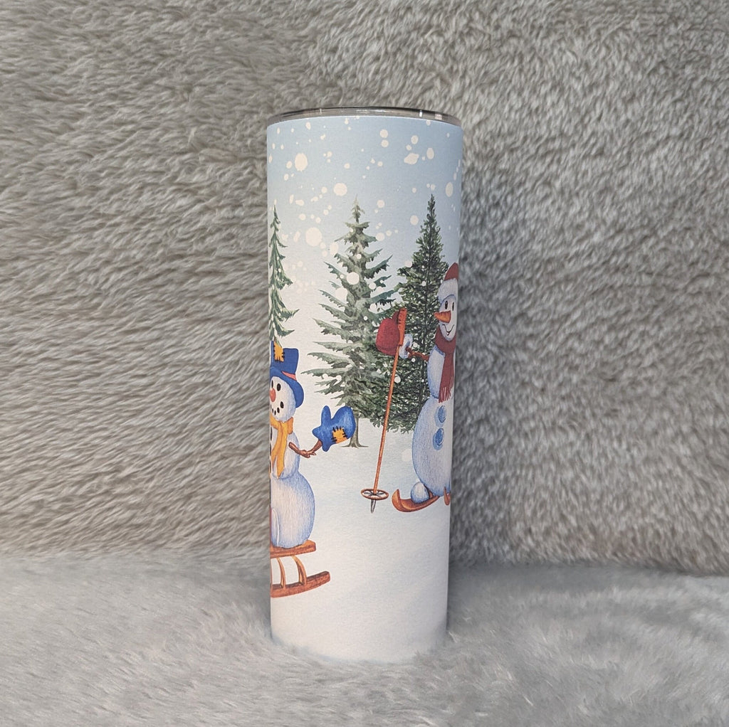 Snowman Tumbler With Two Snowmen Enjoying The Snow While On Their Skis and Sled, Can Also Be Personalized, Cup With Name, Winter Lover Gift