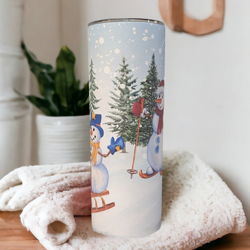 Snowman Tumbler With Two Snowmen Enjoying The Snow While On Their Skis and Sled, Can Also Be Personalized, Cup With Name, Winter Lover Gift
