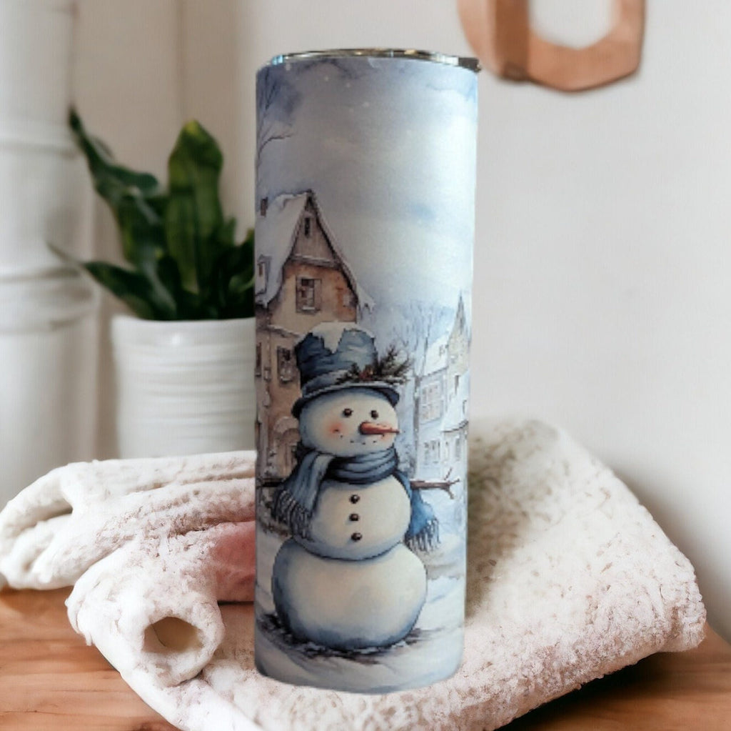Festive Snowman Tumbler With A Snowman Wearing Blue and A Winter Scene, Great Gift For Winter and Snowman Lovers, Great Gift