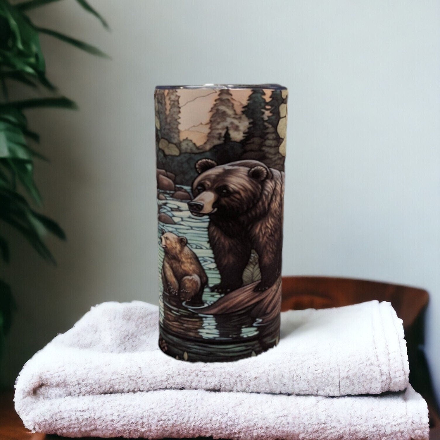 Kids Brown Bear Tumbler with Unique Stained Glass Design, Kids Bear Tumbler With A Bear And Her Cubs, Bear Lover Gift
