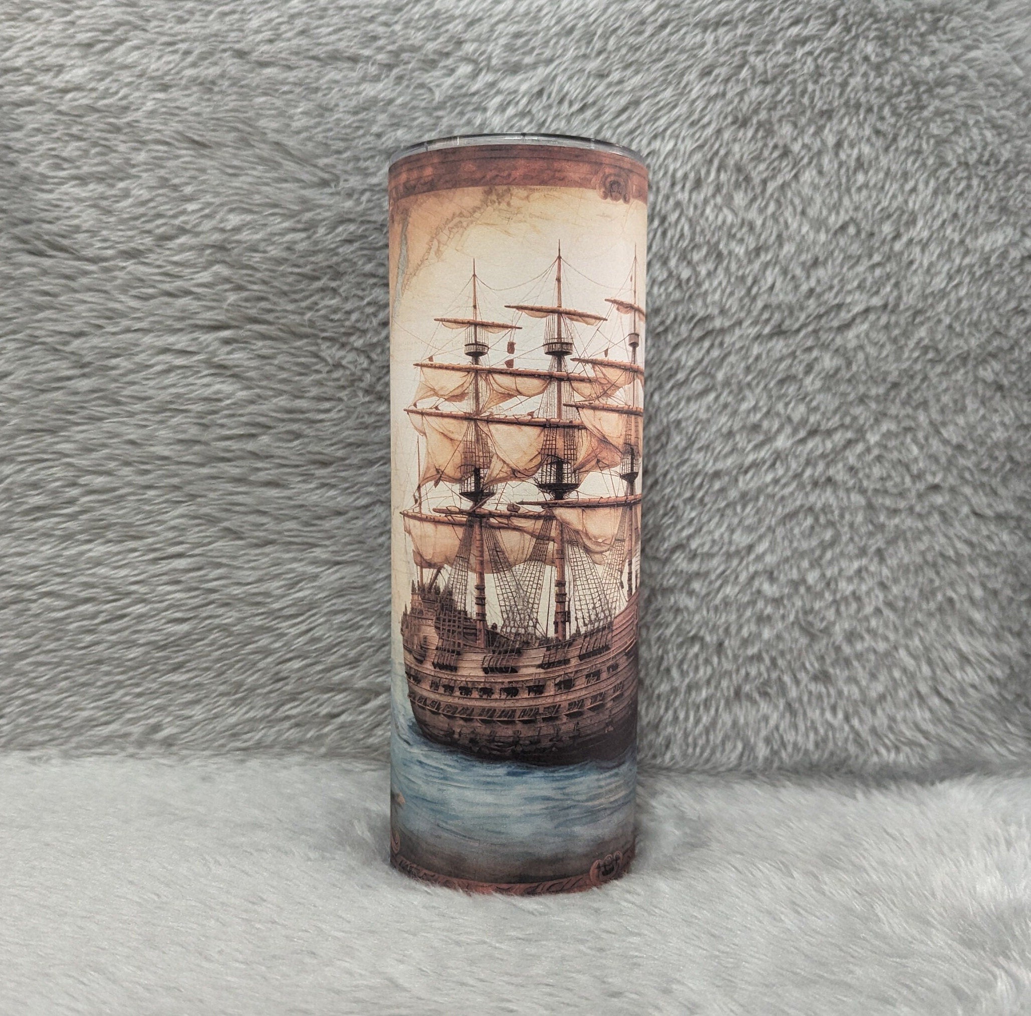 Vintage Ship Design Tumbler with Reusable Straw - Nautical Travel Cup,  Can Be Personalized, Ship Cup With Name, 20oz Tumbler, Gift For Him