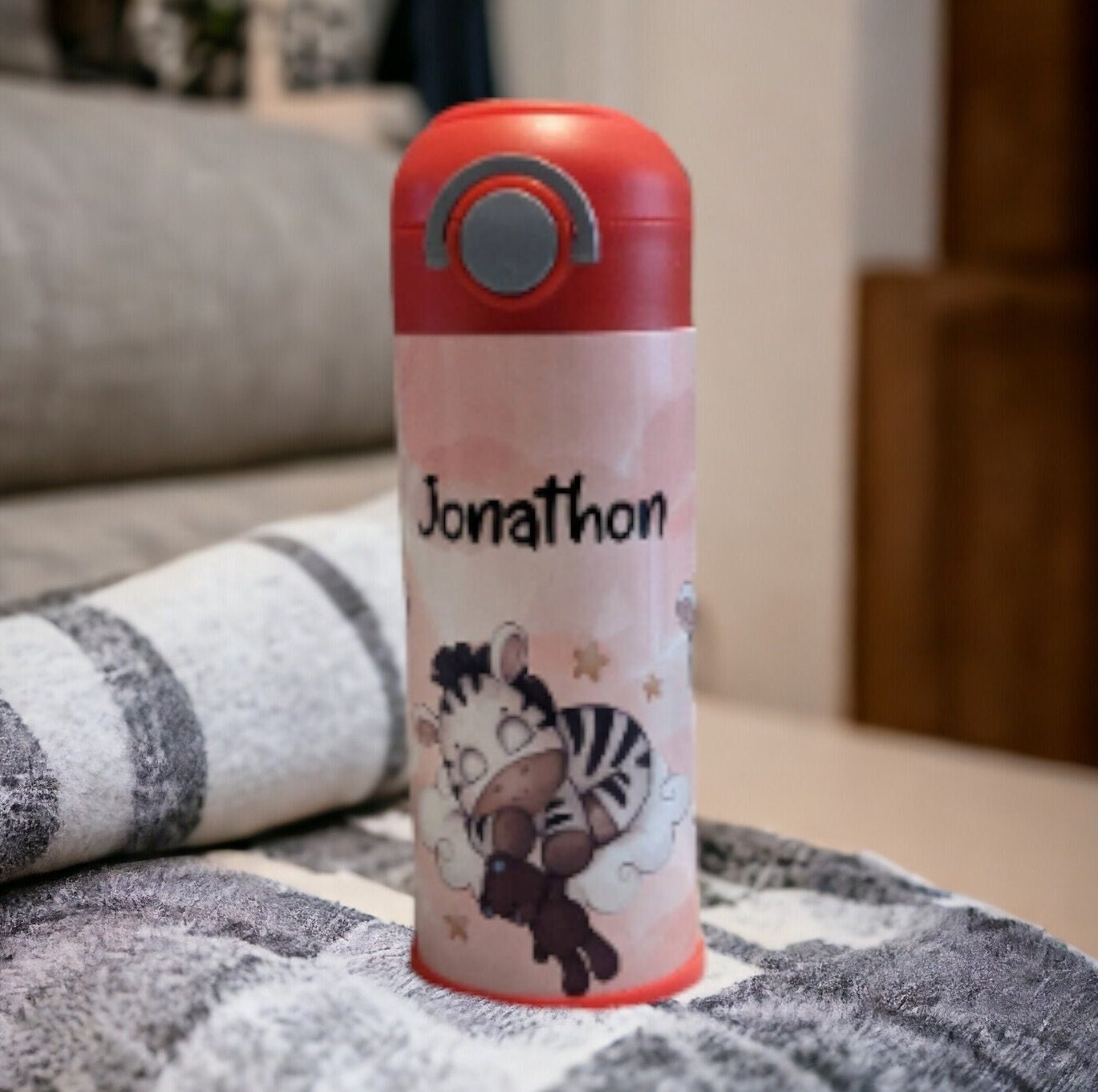 Kids Zebra Water Bottle 12oz With Reusable Straw Can Be Personalized