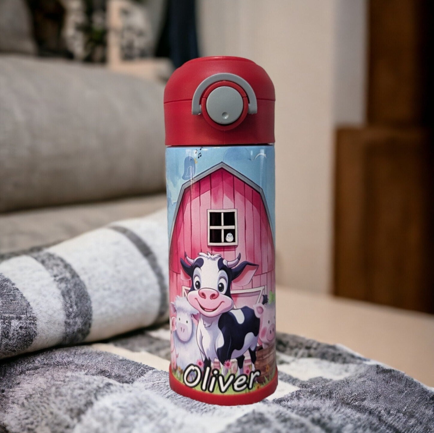 Kids Farm Animal Water Bottle 12oz With Reusable Straw Can Be Personalized