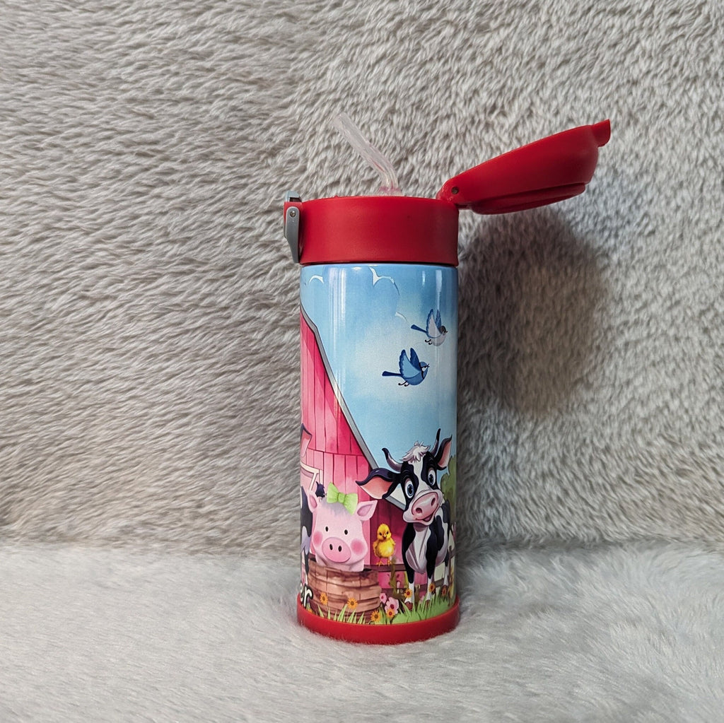 Kids Farm Animal Water Bottle 12oz With Reusable Straw Can Be Personalized