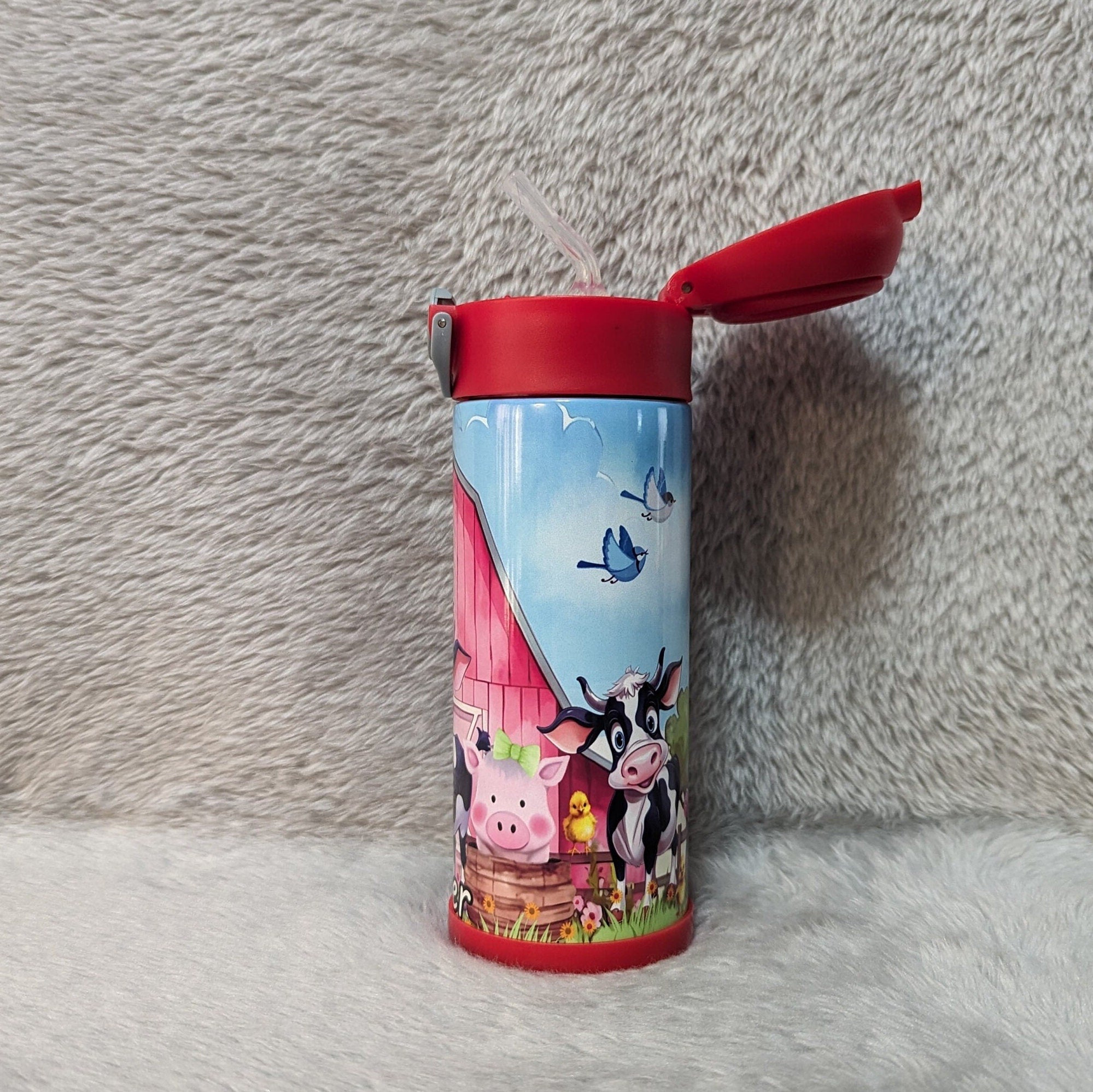 Kids Farm Animal Water Bottle 12oz With Reusable Straw Can Be Personalized