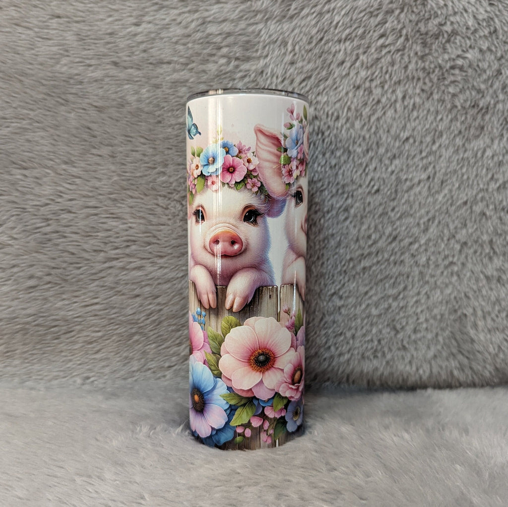Adorable Pig Tumbler: Quirky Farm Animals by the Floral Fence, 20oz Skinny Tumbler Can Be Personalized, Beautiful Gift For Pig Lover
