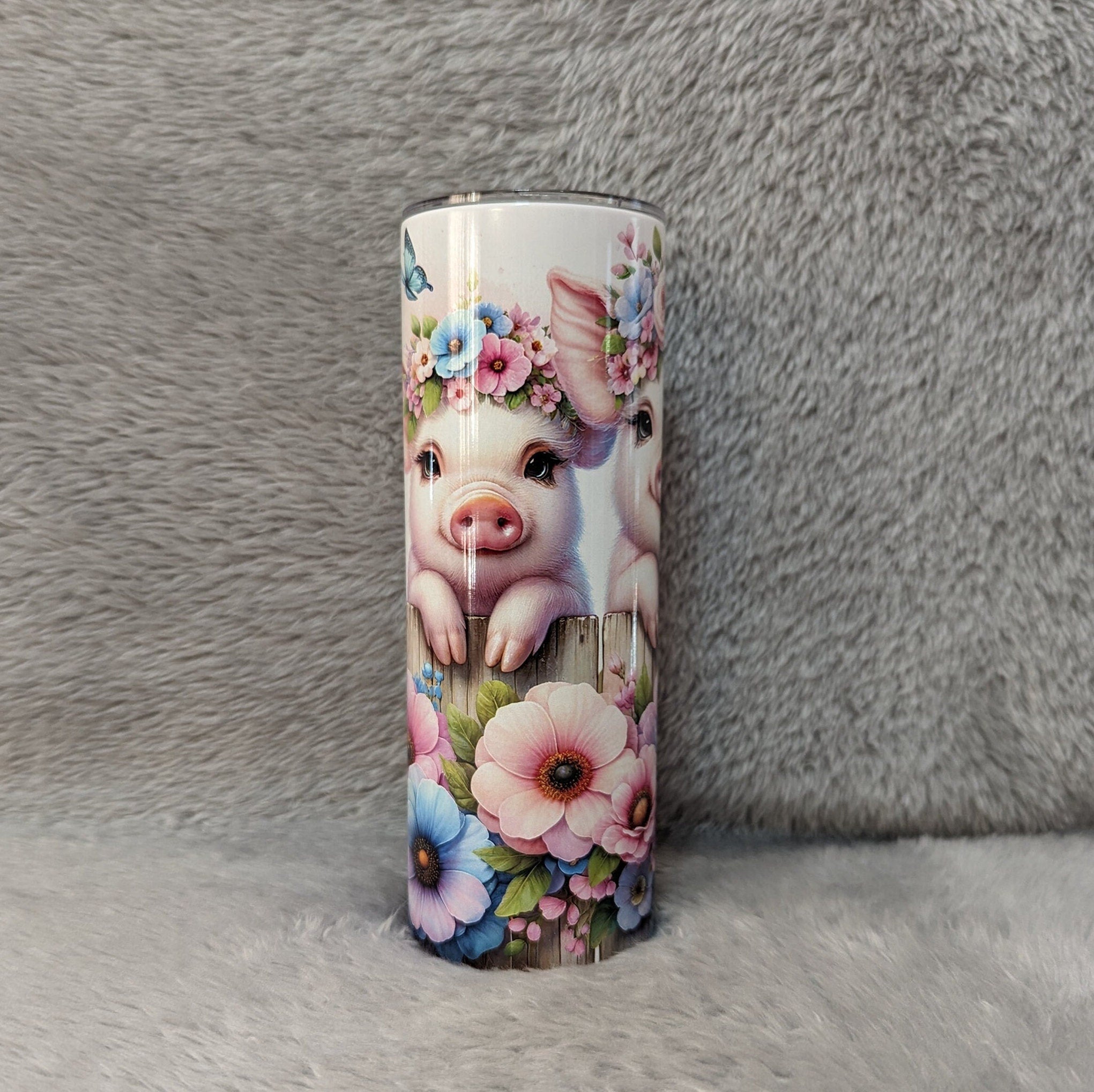 Adorable Pig Tumbler: Quirky Farm Animals by the Floral Fence, 20oz Skinny Tumbler Can Be Personalized, Beautiful Gift For Pig Lover