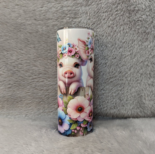 Adorable Pig Tumbler: Quirky Farm Animals by the Floral Fence, 20oz Skinny Tumbler Can Be Personalized, Beautiful Gift For Pig Lover