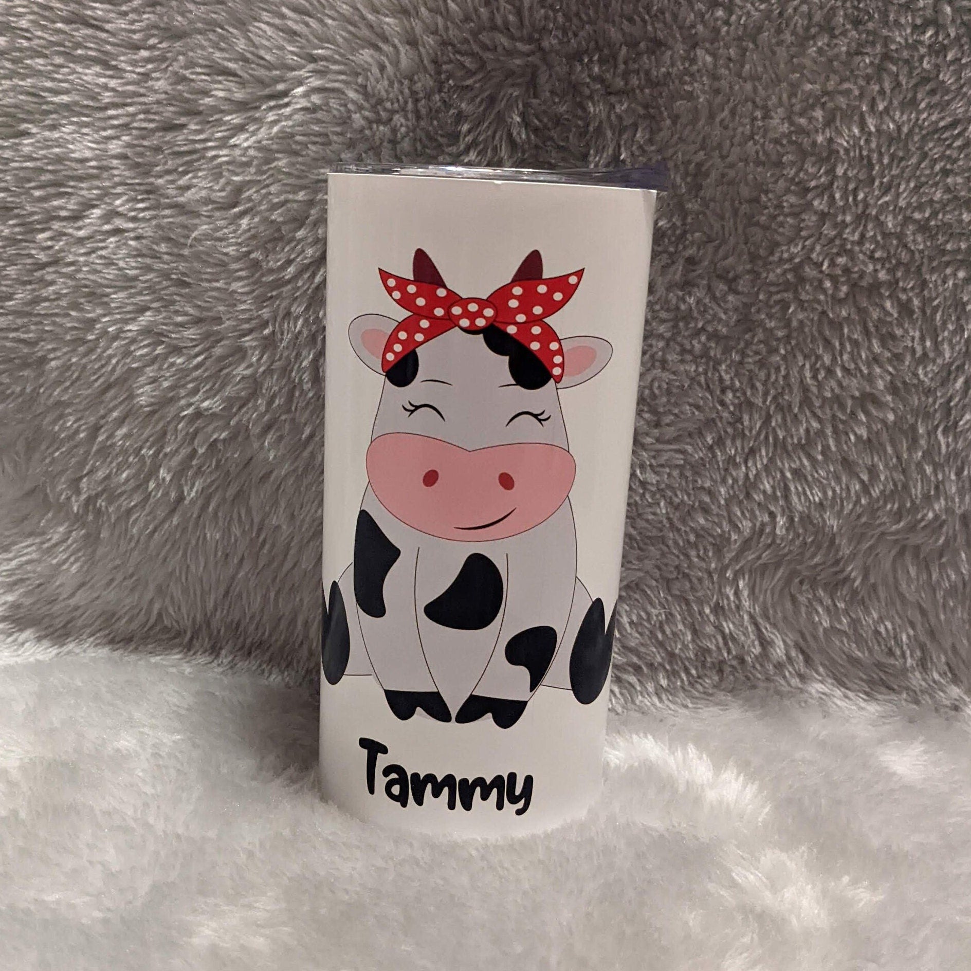 Kids Cow Tumbler With A Cute Cow and Her Polka Dot Hair Bow, Can Also Be Personalized, Kids Cow Cup With Name, Includes Plastic Straw