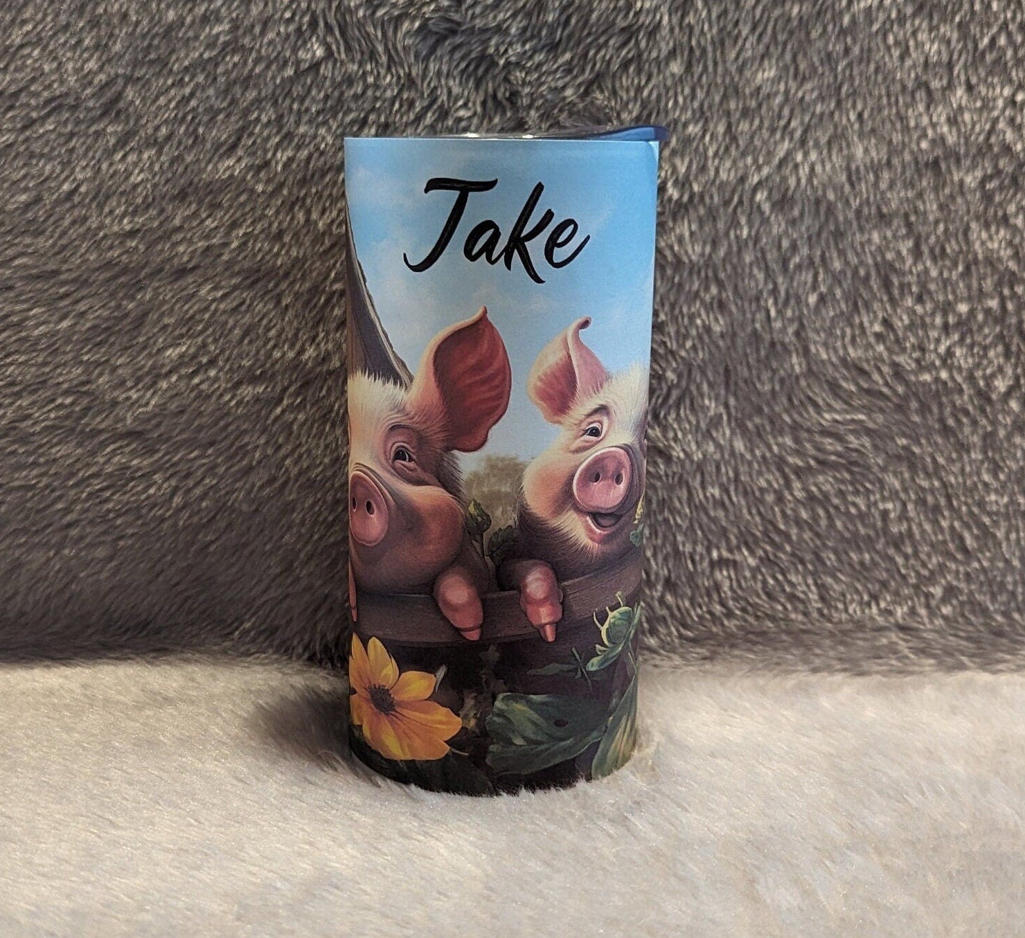 Adorable Kids Pig Tumbler with Playful Pigs Hanging Over Fence  Perfect for Little Ones, Kids Pig Cup With Name, Kids Piglet Tumbler Cup