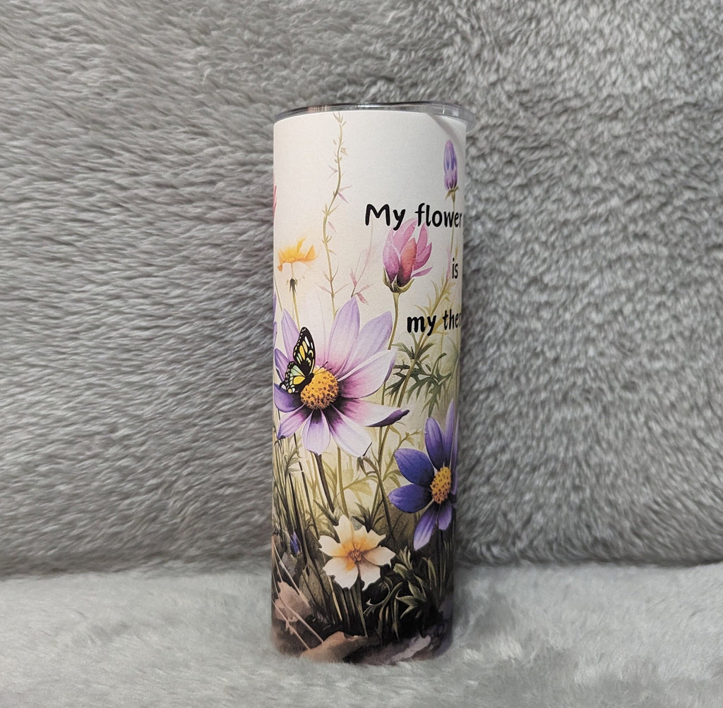 Flower Tumbler That Says My Flower Garden Is My Therapy includes a reusable straw, Flowers And Butterflies Cup, 20oz Tumbler Gift For Her