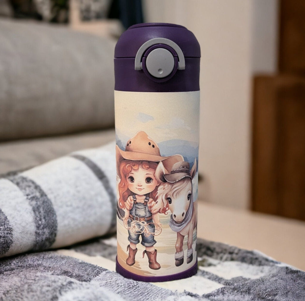 Adorable Redhead Girl with Pony Kids Water Bottle 12oz With Reusable Straw Can Be Personalized