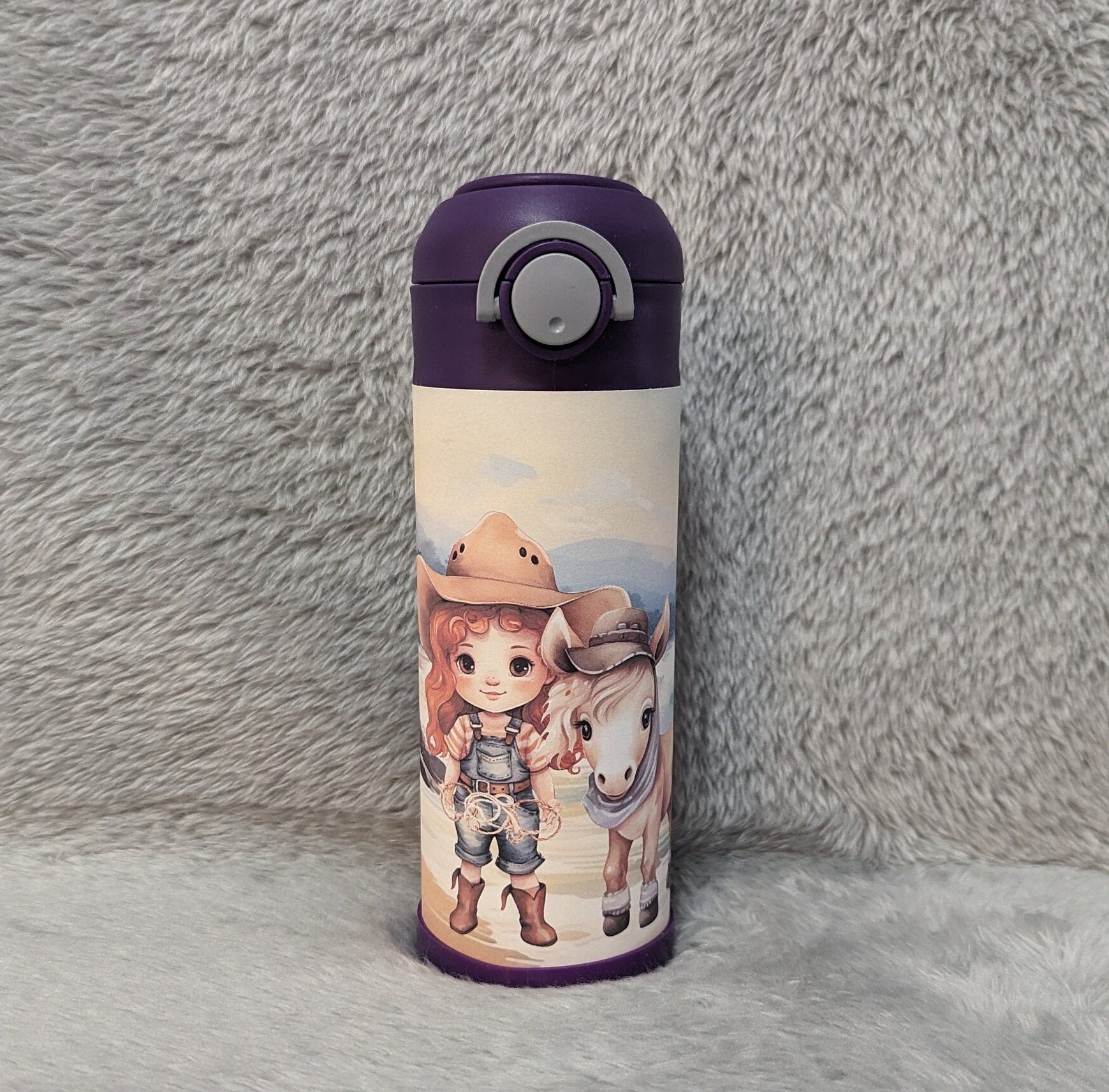 Adorable Redhead Girl with Pony Kids Water Bottle 12oz With Reusable Straw Can Be Personalized