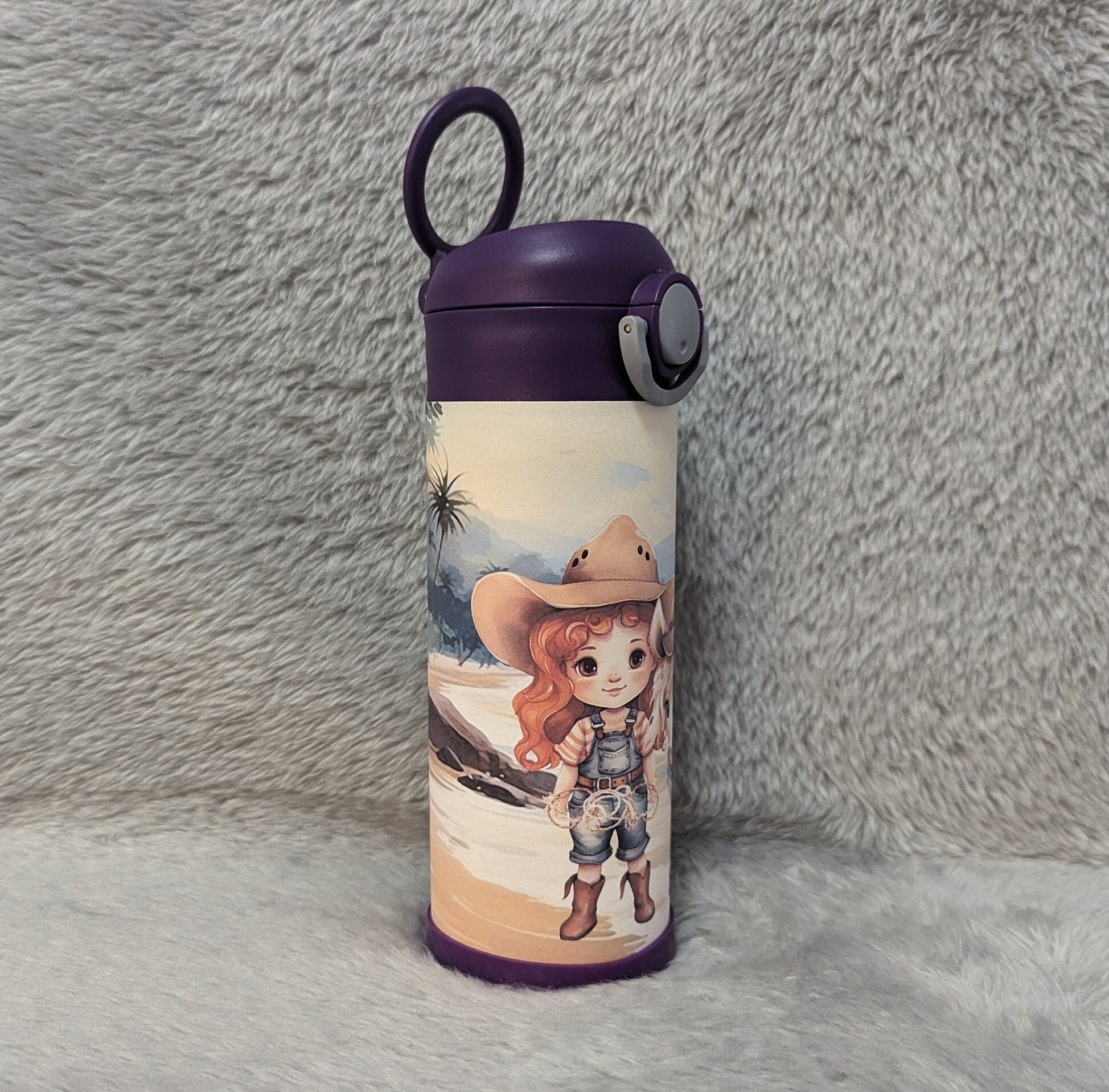 Adorable Redhead Girl with Pony Kids Water Bottle 12oz With Reusable Straw Can Be Personalized