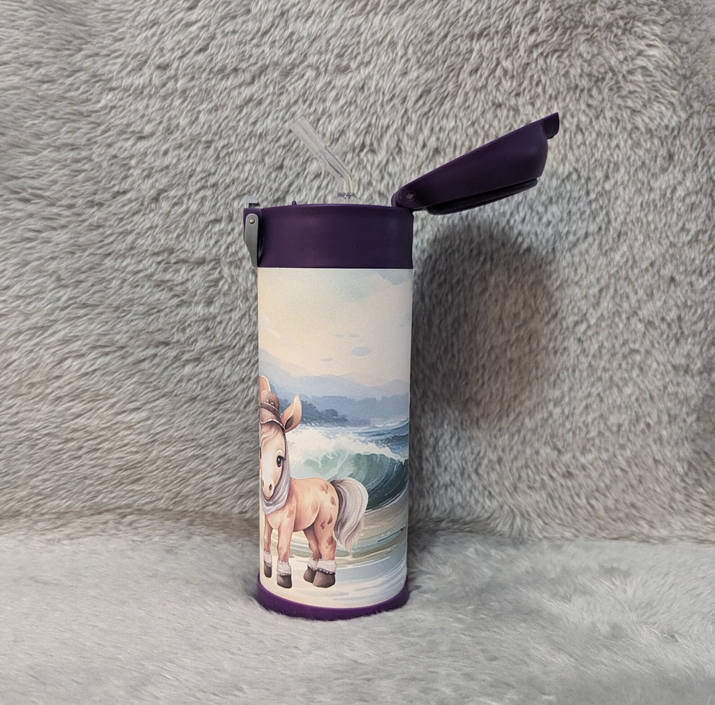 Adorable Redhead Girl with Pony Kids Water Bottle 12oz With Reusable Straw Can Be Personalized