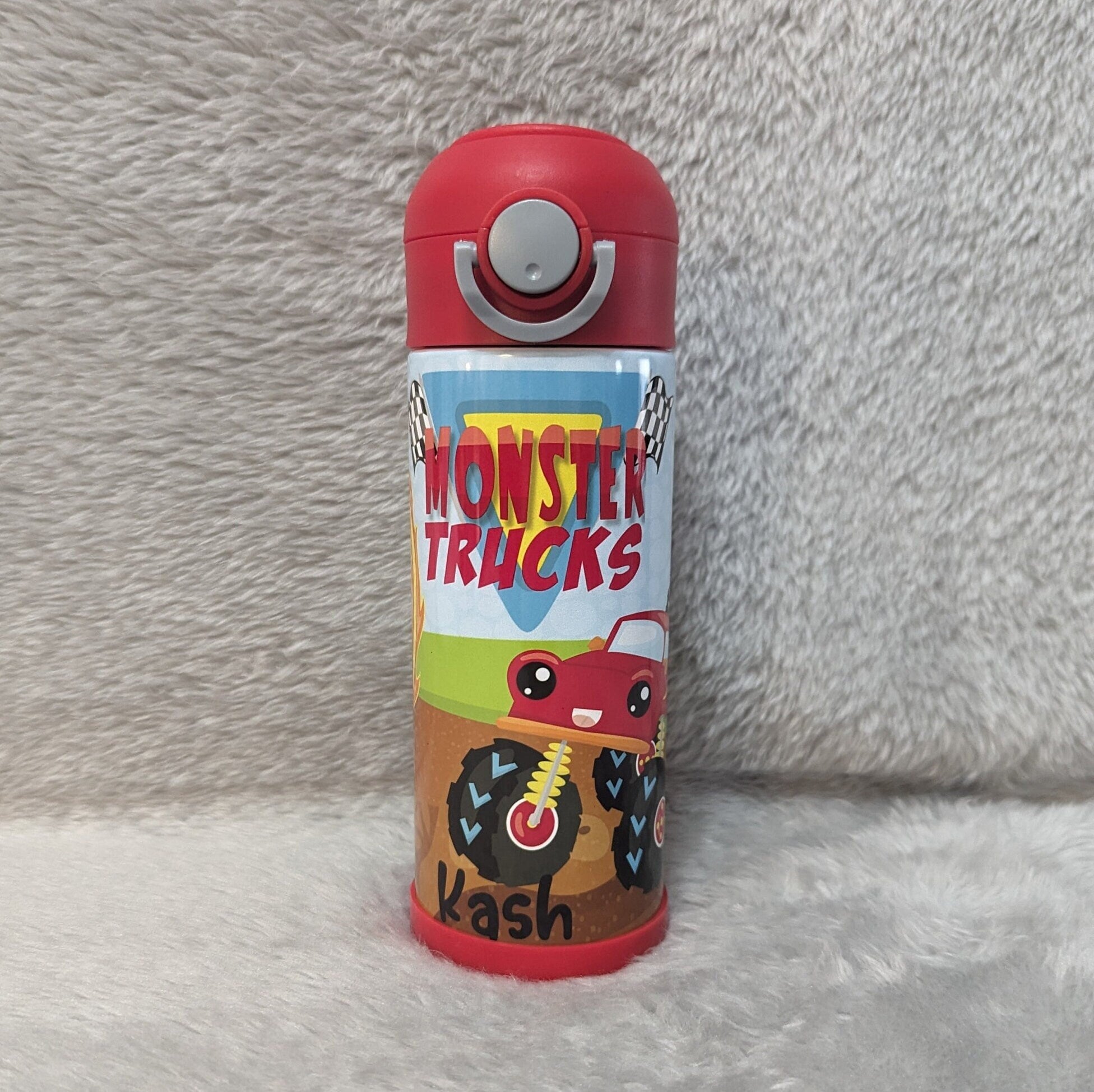 Kids Monster Truck Water Bottle 12oz With Reusable Straw Can Be Personalized