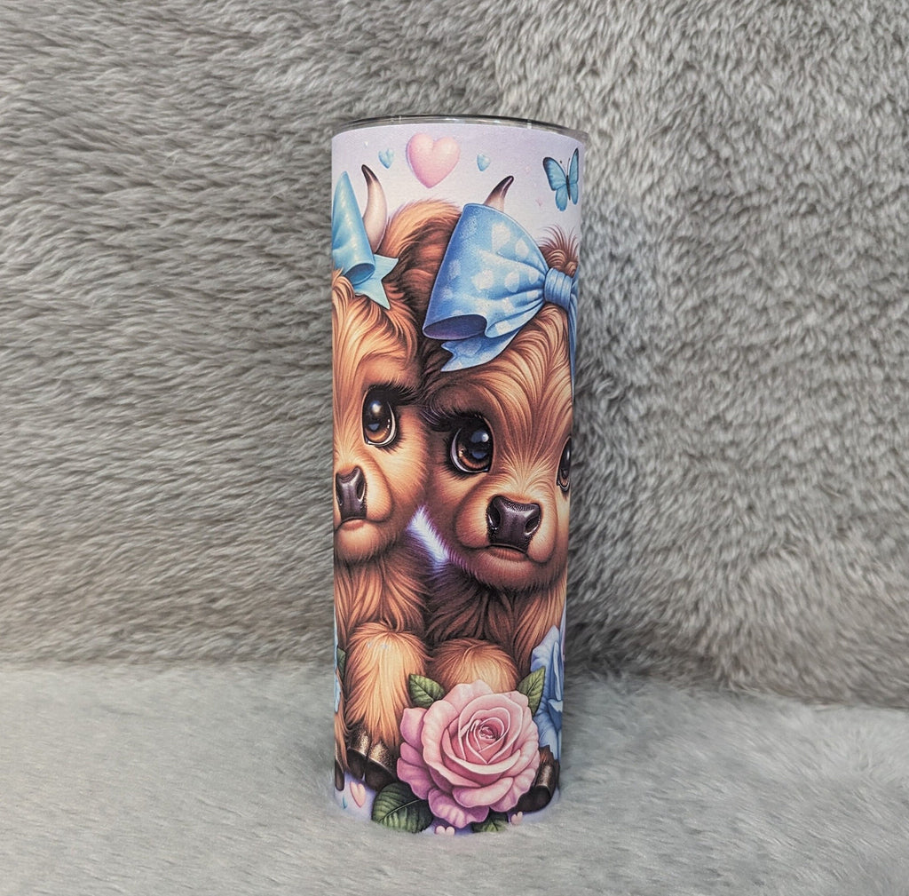 Highland Cow Tumbler with Cute Calf's Roses and Butterflies, Can Be Personalized, Highland Cow Lover Gift, Cup With Name Lid and Straw