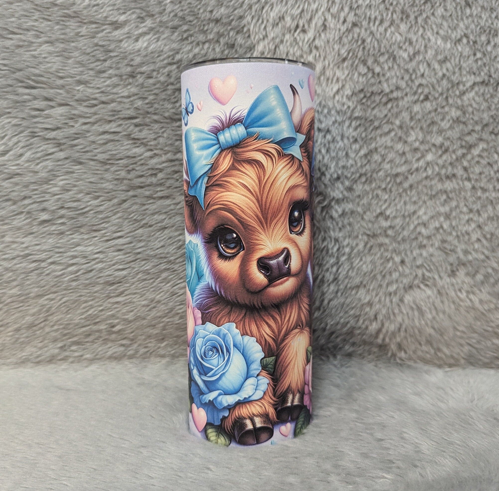 Highland Cow Tumbler with Cute Calf's Roses and Butterflies, Can Be Personalized, Highland Cow Lover Gift, Cup With Name Lid and Straw