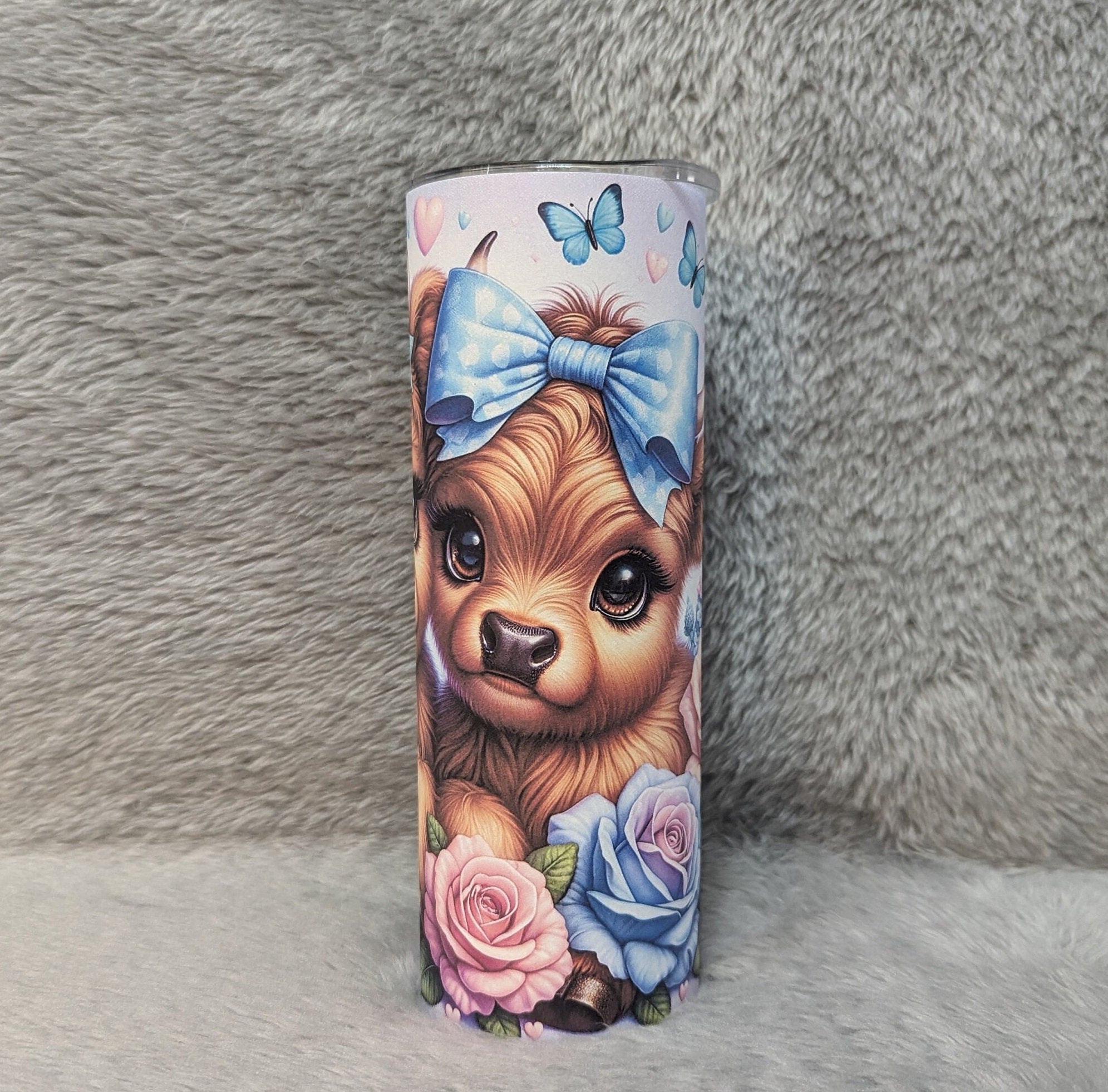 Highland Cow Tumbler with Cute Calf's Roses and Butterflies, Can Be Personalized, Highland Cow Lover Gift, Cup With Name Lid and Straw