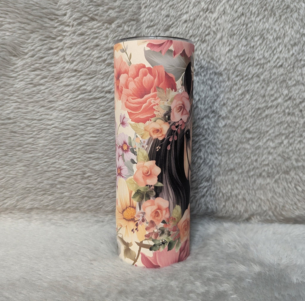 Horse Tumbler With Horse and Pretty Flowers Includes Reusable Straw, Can Be Personalized, Cup With Name, Horse Gift, 20oz Tumbler