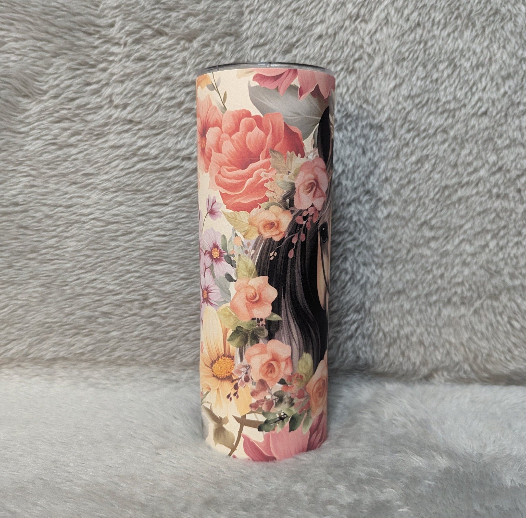 Horse Tumbler With Horse and Pretty Flowers Includes Reusable Straw, Can Be Personalized, Cup With Name, Horse Gift, 20oz Tumbler