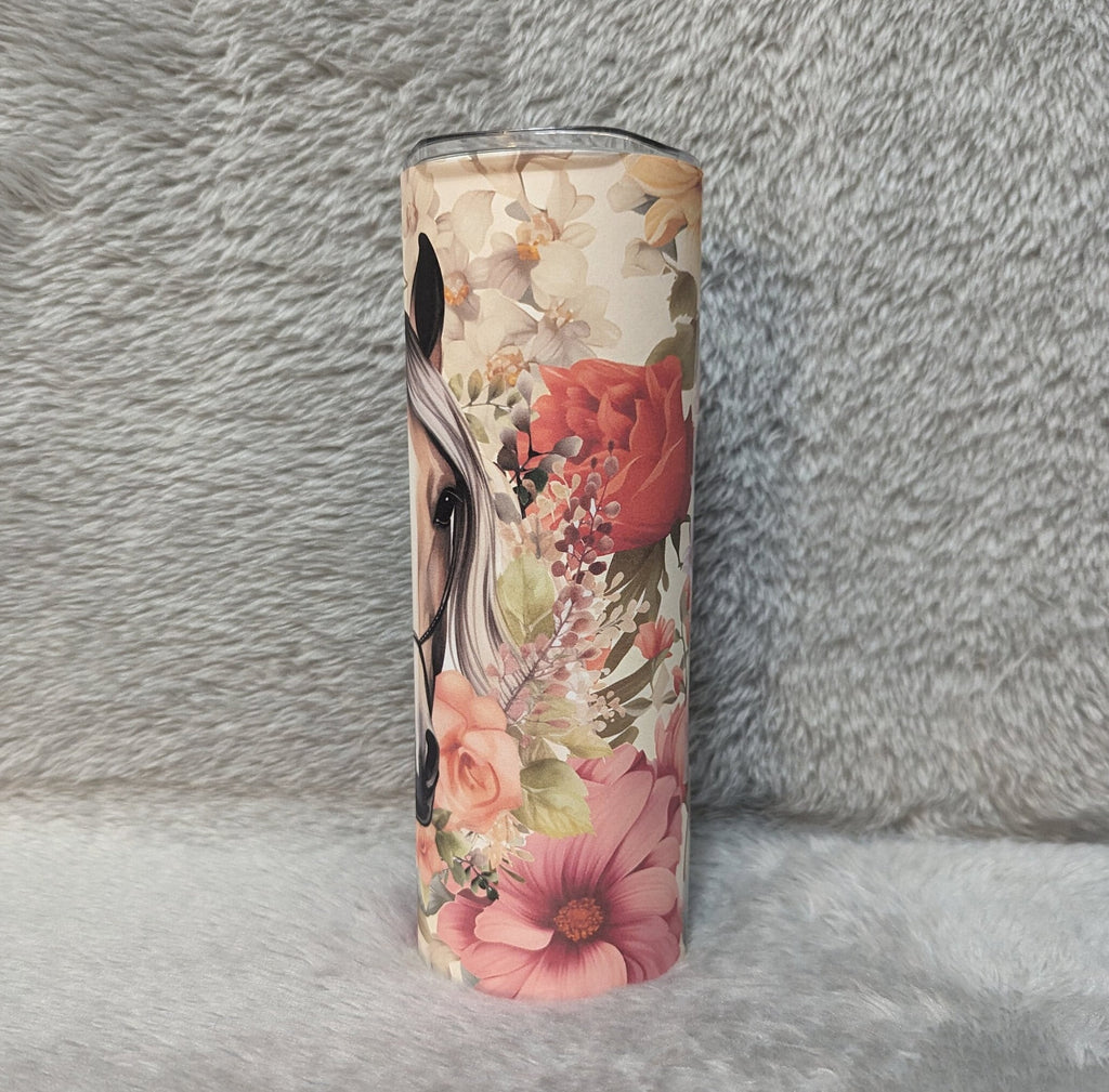 Horse Tumbler With Horse and Pretty Flowers Includes Reusable Straw, Can Be Personalized, Cup With Name, Horse Gift, 20oz Tumbler
