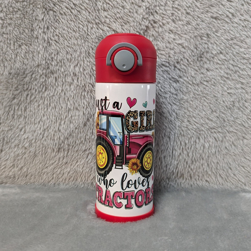 Just A Girl Who Loves Tractors Kids Water Bottle 12oz With Reusable Straw Can Be Personalized