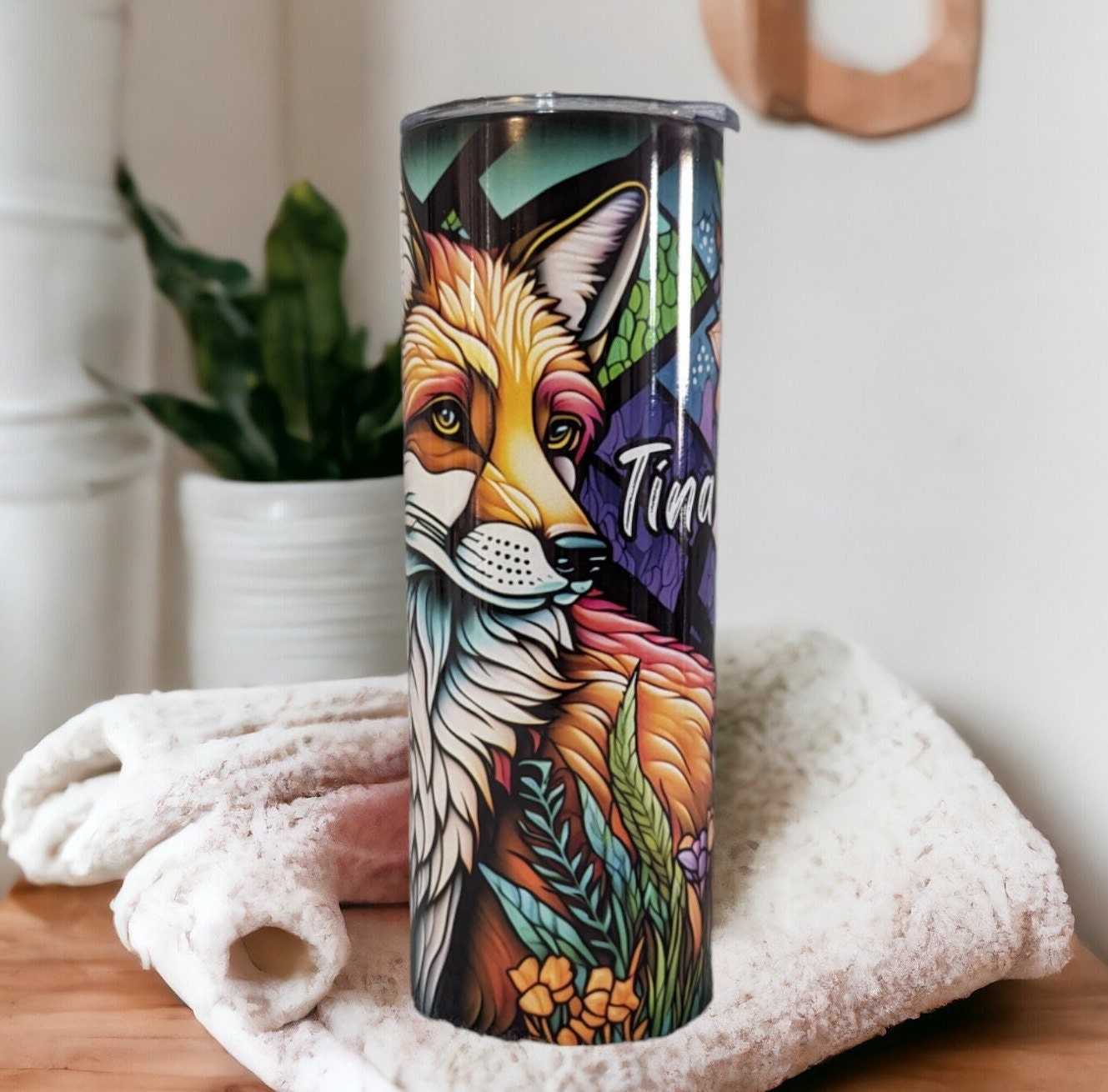 Beautiful Fox Tumbler With A Red Fox and A Stained Glass Design, Animal Lover Gift, Great For Home Or On The Go, Tumbler With A Straw