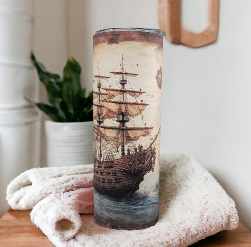 Vintage Ship Design Tumbler with Reusable Straw - Nautical Travel Cup,  Can Be Personalized, Ship Cup With Name, 20oz Tumbler, Gift For Him