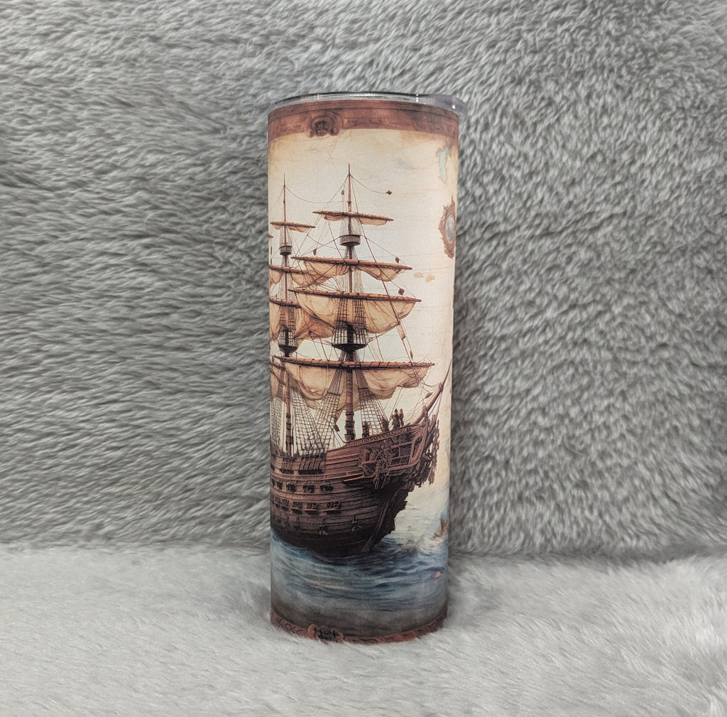Vintage Ship Design Tumbler with Reusable Straw - Nautical Travel Cup,  Can Be Personalized, Ship Cup With Name, 20oz Tumbler, Gift For Him