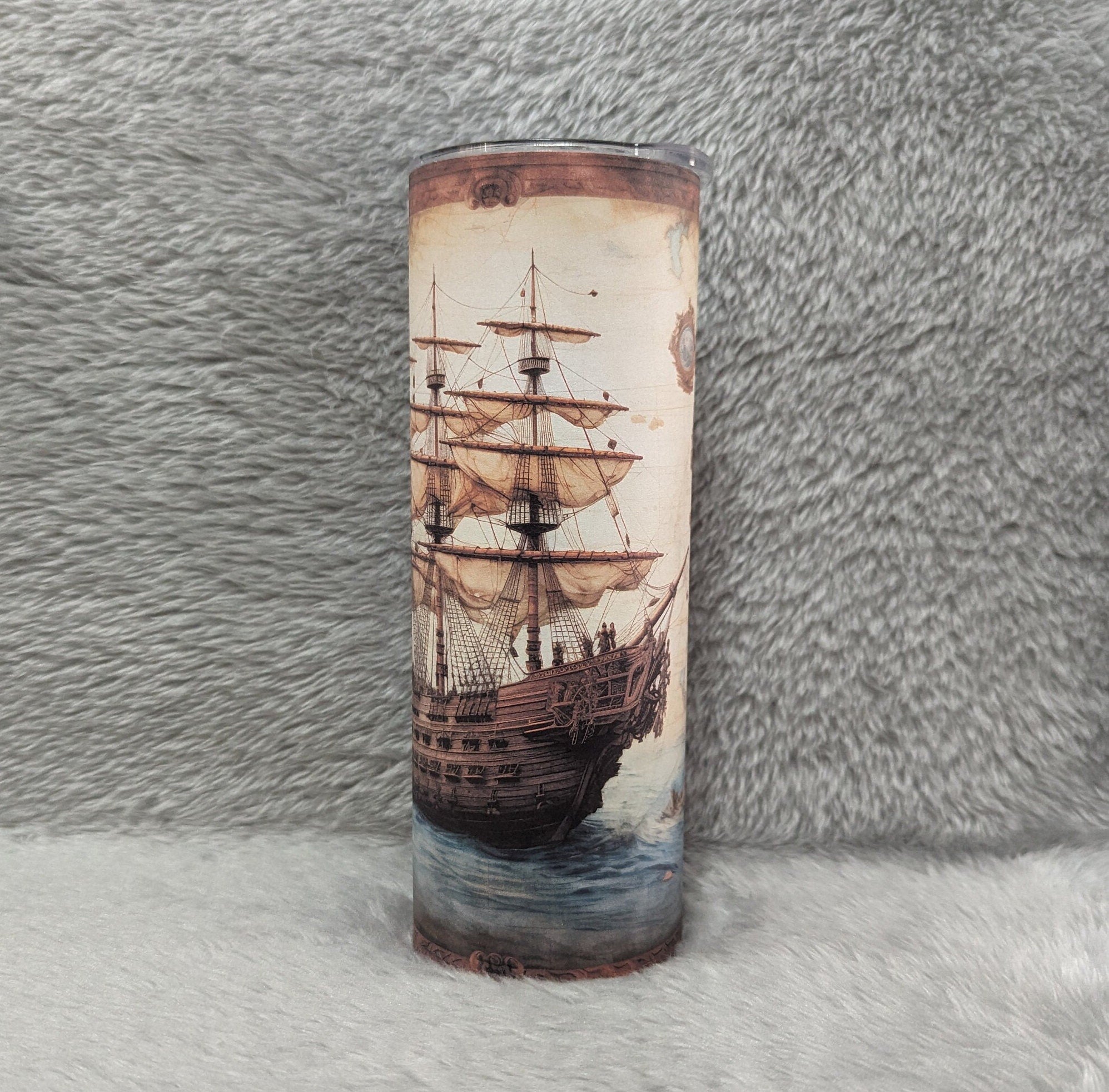 Vintage Ship Design Tumbler with Reusable Straw - Nautical Travel Cup,  Can Be Personalized, Ship Cup With Name, 20oz Tumbler, Gift For Him
