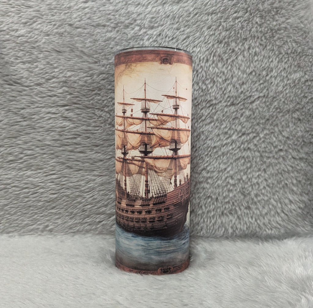 Vintage Ship Design Tumbler with Reusable Straw - Nautical Travel Cup,  Can Be Personalized, Ship Cup With Name, 20oz Tumbler, Gift For Him