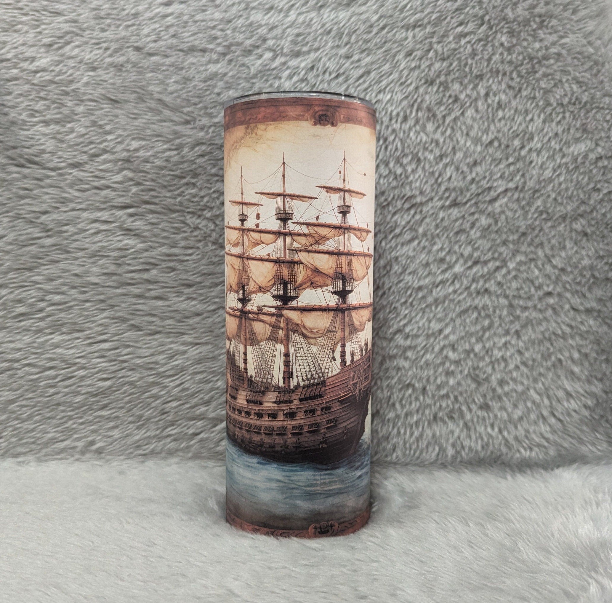 Vintage Ship Design Tumbler with Reusable Straw - Nautical Travel Cup,  Can Be Personalized, Ship Cup With Name, 20oz Tumbler, Gift For Him