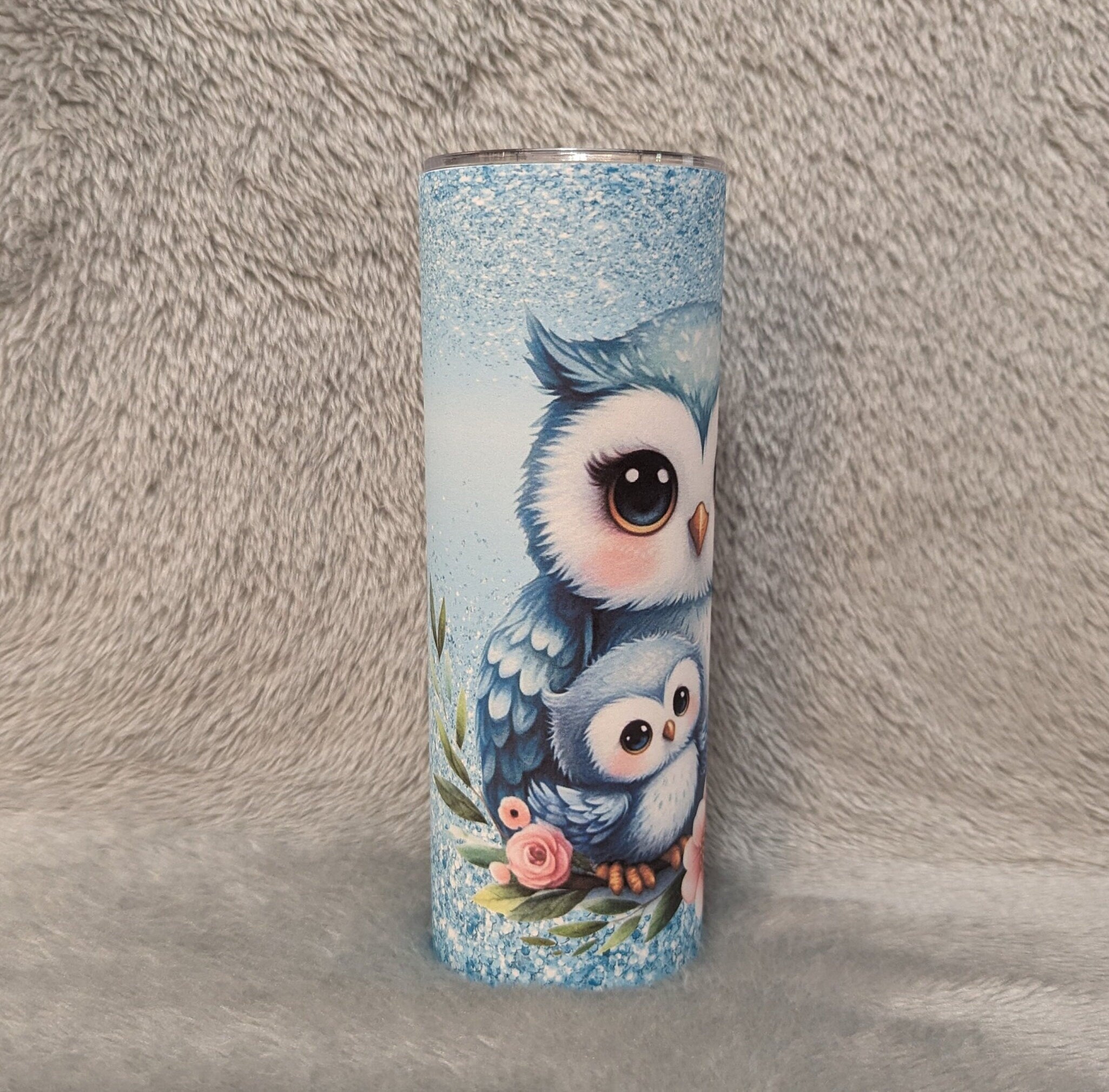 Blue Owl Tumbler with A Glitter Design and Reusable Straw - Can Be Personalized, Cup With Name, Owl Gift, 20oz Tumbler For Hot Or Cold Drink