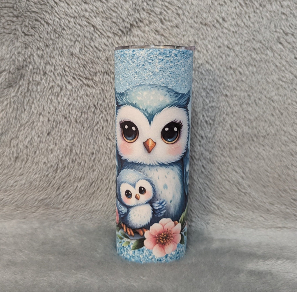 Blue Owl Tumbler with A Glitter Design and Reusable Straw - Can Be Personalized, Cup With Name, Owl Gift, 20oz Tumbler For Hot Or Cold Drink