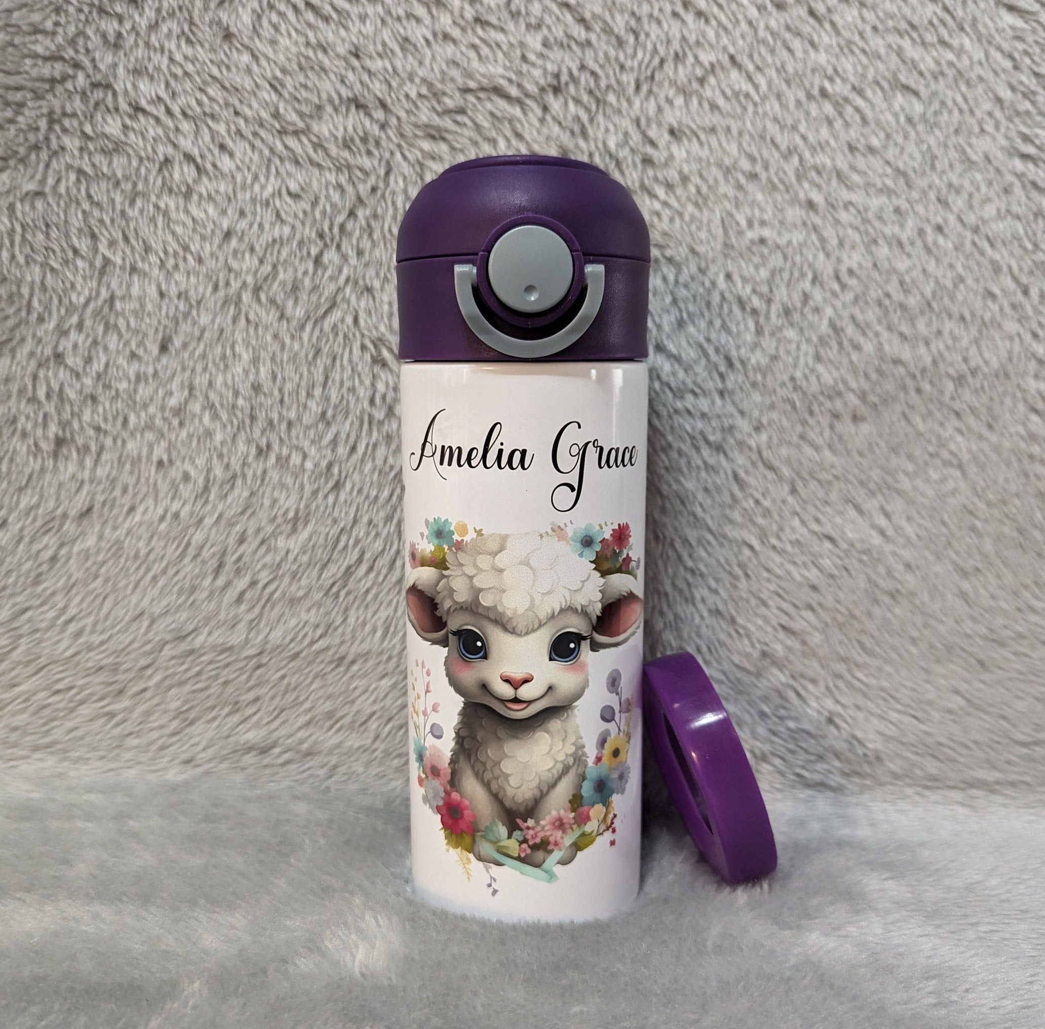 Adorable Kids Lamb Water Bottle 12oz With Reusable Straw Can Be Personalized