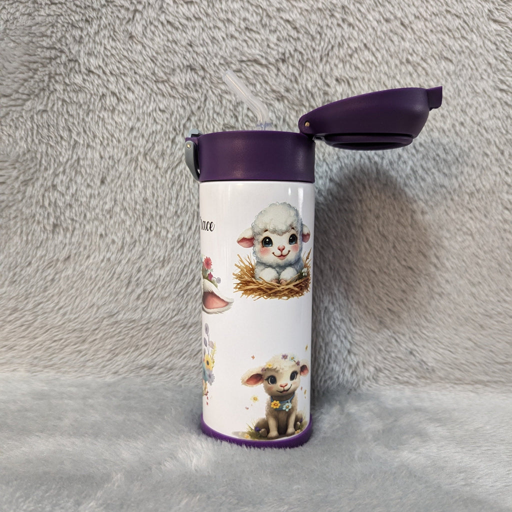 Adorable Kids Lamb Water Bottle 12oz With Reusable Straw Can Be Personalized
