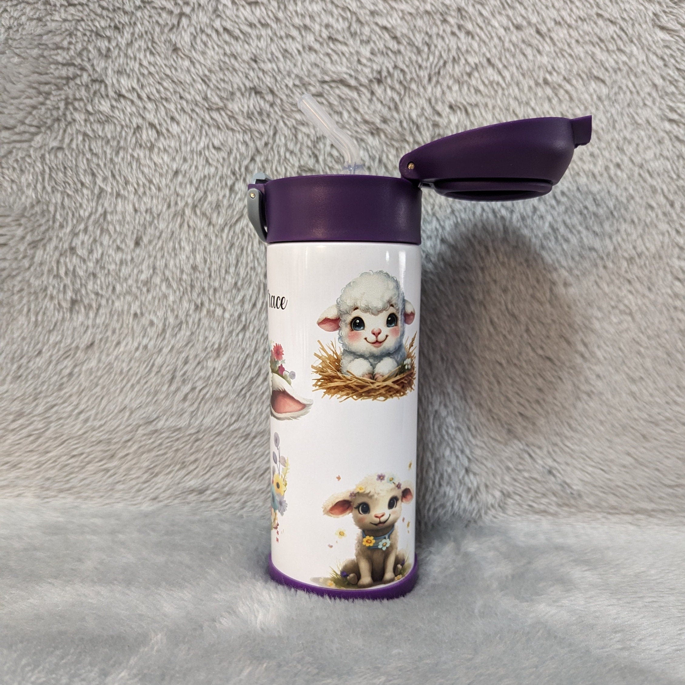 Adorable Kids Lamb Water Bottle 12oz With Reusable Straw Can Be Personalized
