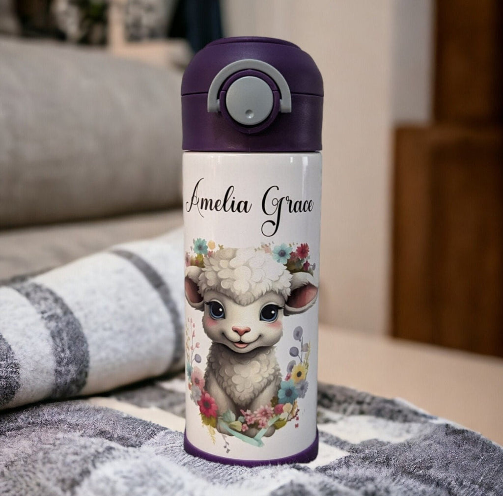 Adorable Kids Lamb Water Bottle 12oz With Reusable Straw Can Be Personalized