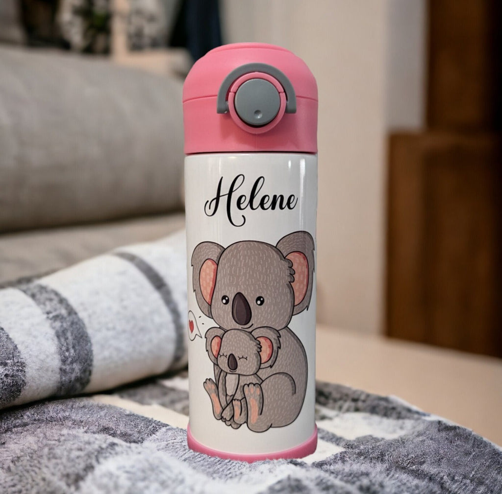 Cute Kids Koala Bear Water Bottle 12oz With Reusable Straw Can Be Personalized