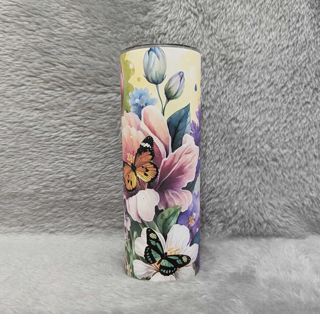 Colorful Butterflies and Flowers Tumbler with Reusable Straw, Cup With Name, 20oz Tumbler, Butterfly Lovers Gift For Her