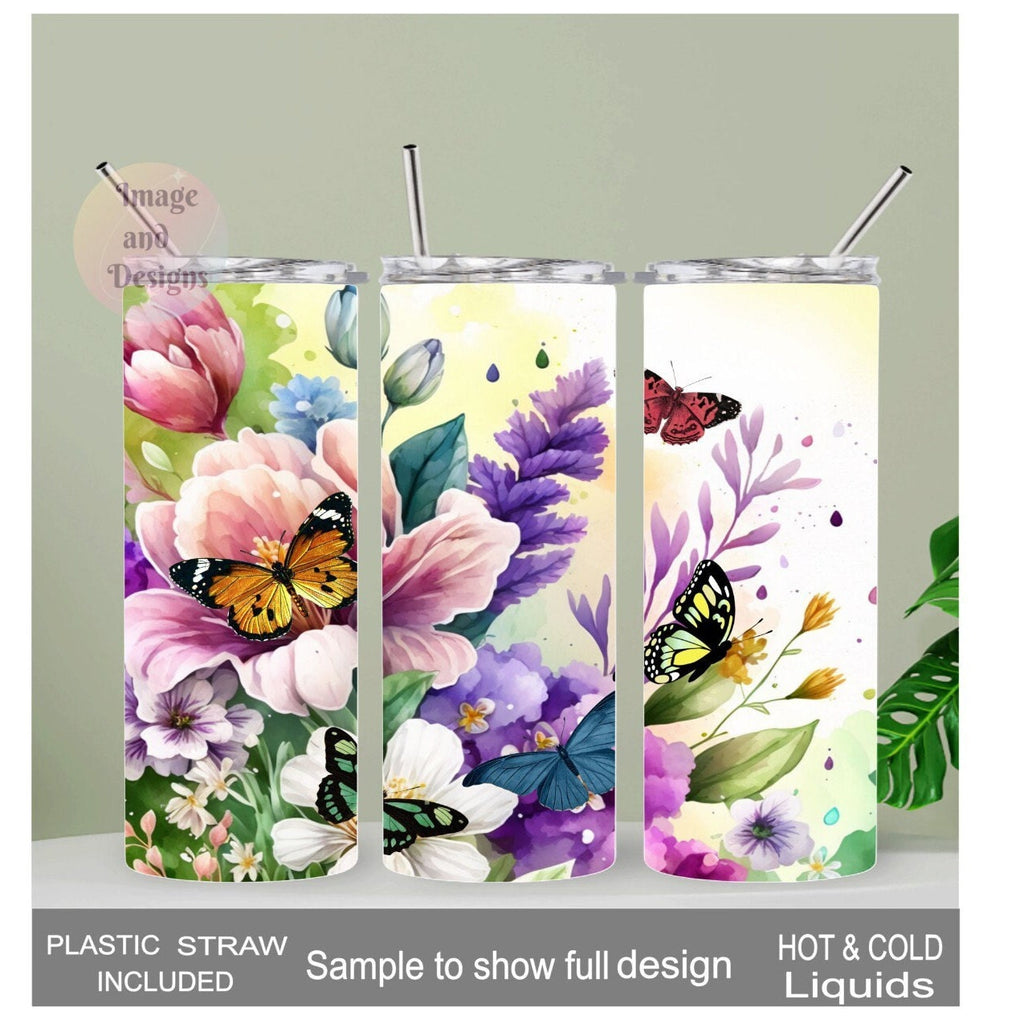 Colorful Butterflies and Flowers Tumbler with Reusable Straw, Cup With Name, 20oz Tumbler, Butterfly Lovers Gift For Her