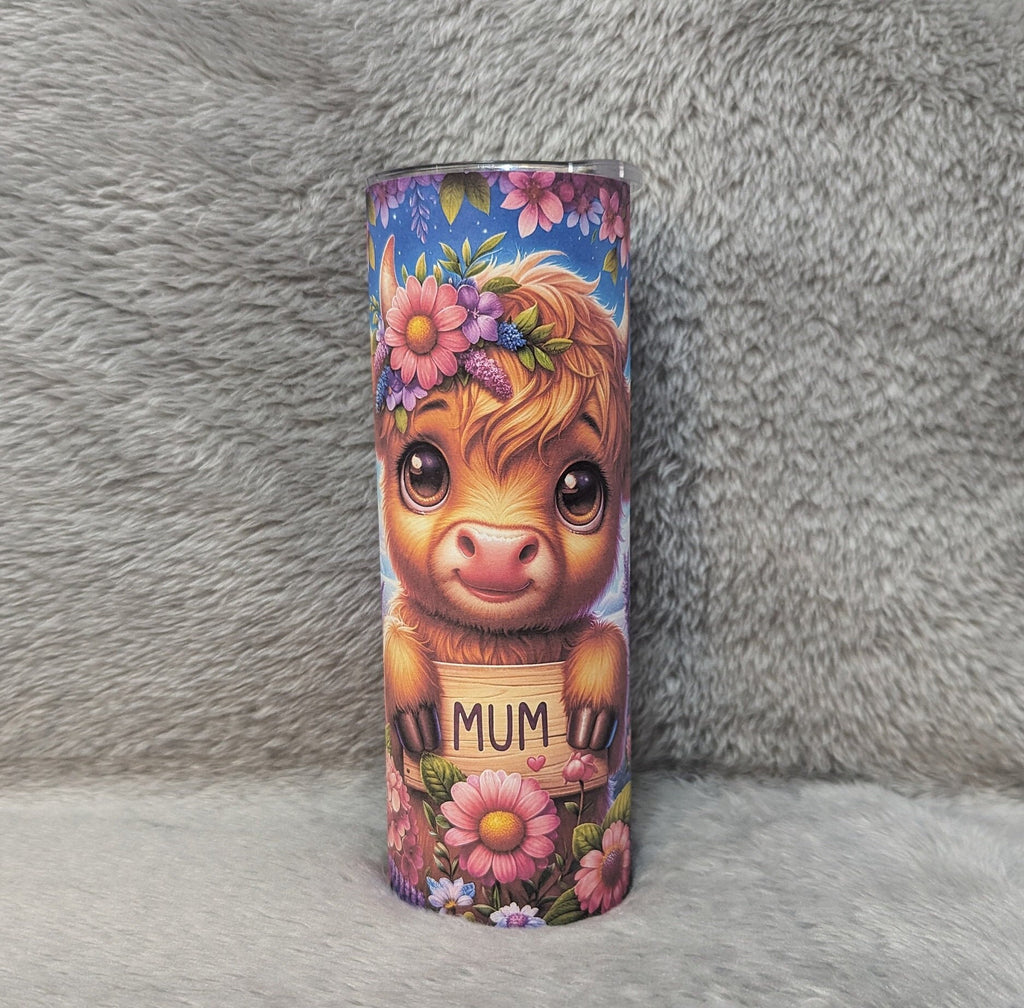 Highland Cow Tumbler with Adorable Calf, MUM Sign, and Flowers, Includes  Straw - Perfect Gift Idea, Can Be Personalized, Gift For Mom