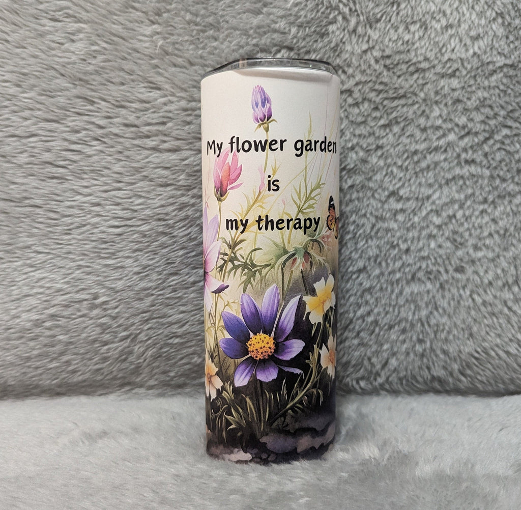 Flower Tumbler That Says My Flower Garden Is My Therapy includes a reusable straw, Flowers And Butterflies Cup, 20oz Tumbler Gift For Her