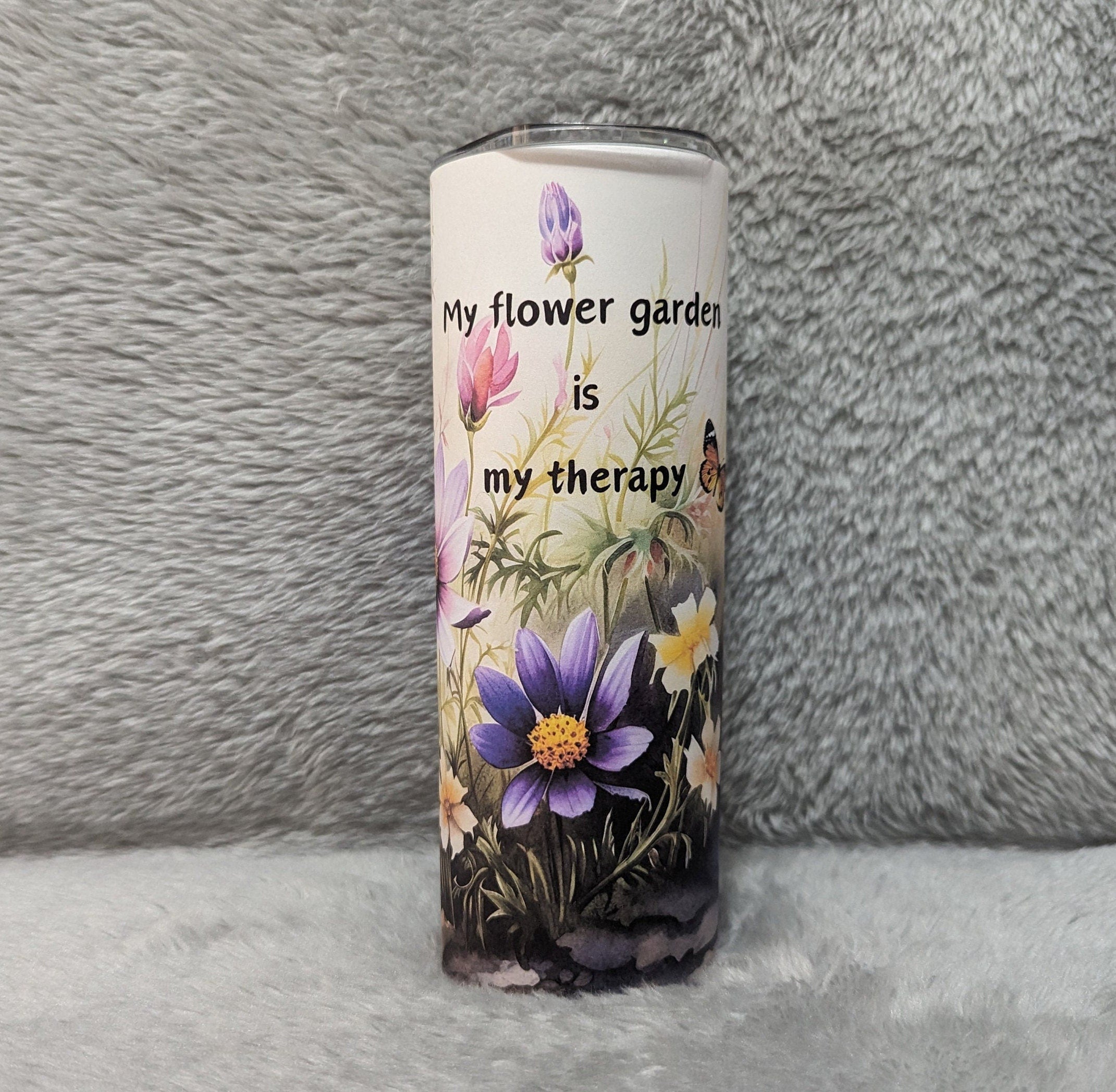 Flower Tumbler That Says My Flower Garden Is My Therapy includes a reusable straw, Flowers And Butterflies Cup, 20oz Tumbler Gift For Her