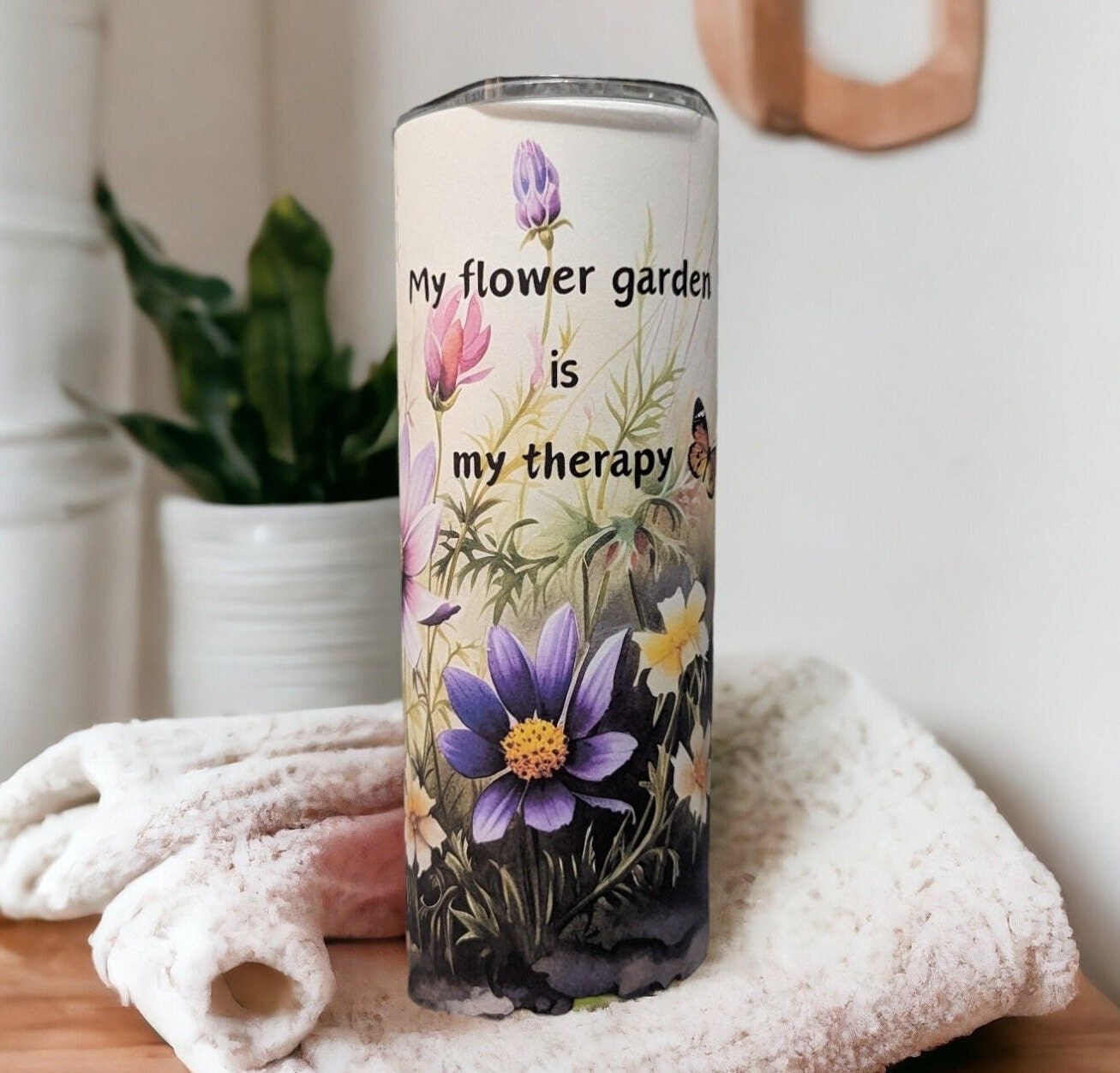 Flower Tumbler That Says My Flower Garden Is My Therapy includes a reusable straw, Flowers And Butterflies Cup, 20oz Tumbler Gift For Her